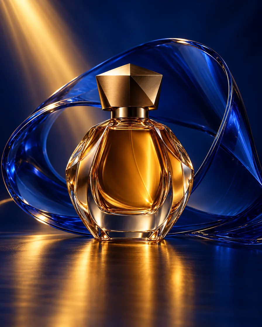 Amber perfume bottle framed by sculptural cobalt-blue glass.