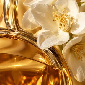 White flower petals beside amber fragrance glass.
